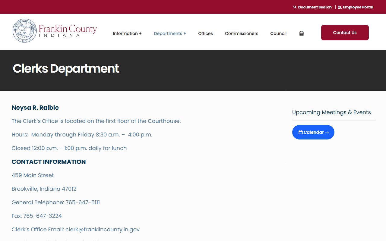 Franklin County Clerk website for marriage license records in Brookville Indiana
