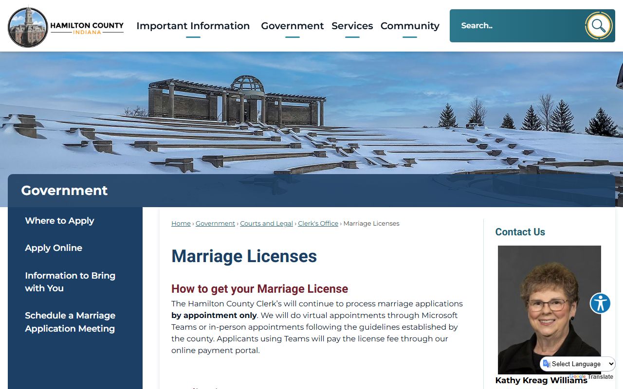 Hamilton County Clerk marriage license page showing application information in Noblesville Indiana