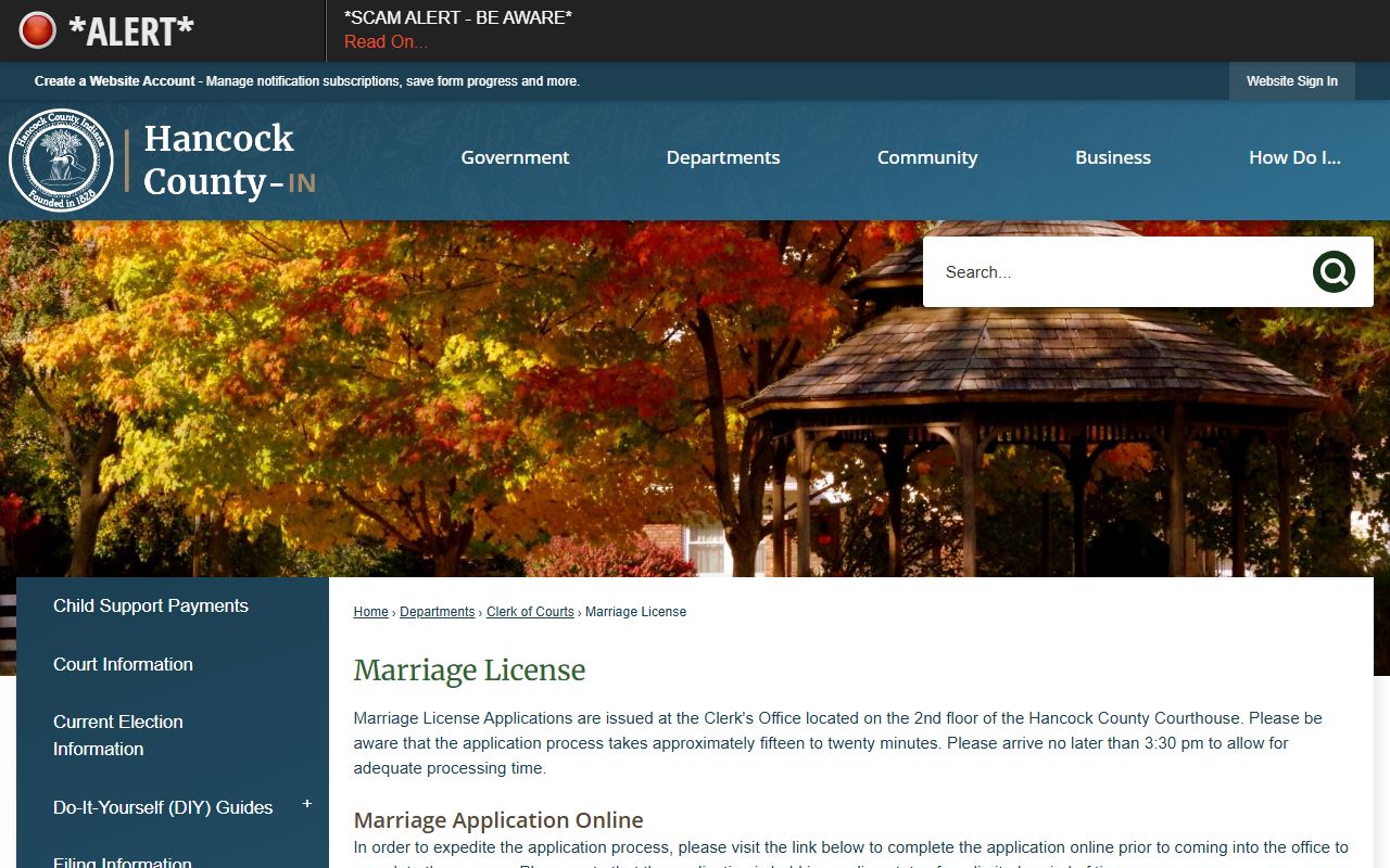 Hancock County marriage license page showing application information in Greenfield Indiana