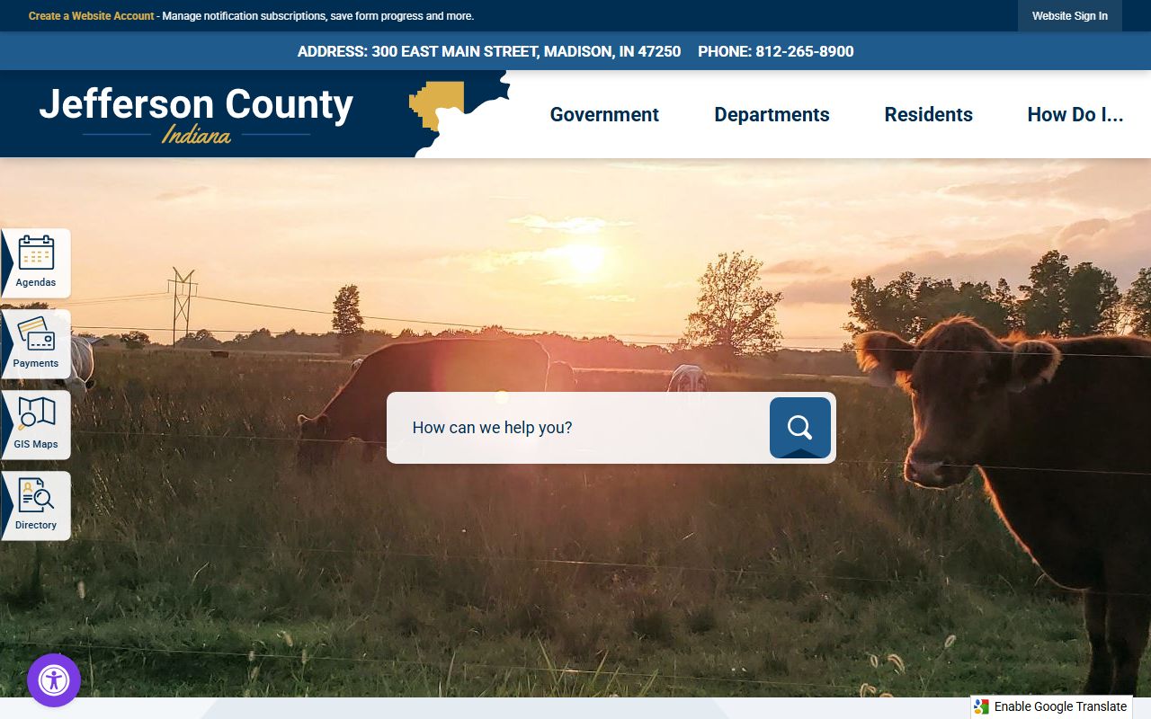 Jefferson County clerk website showing Indiana marriage license services