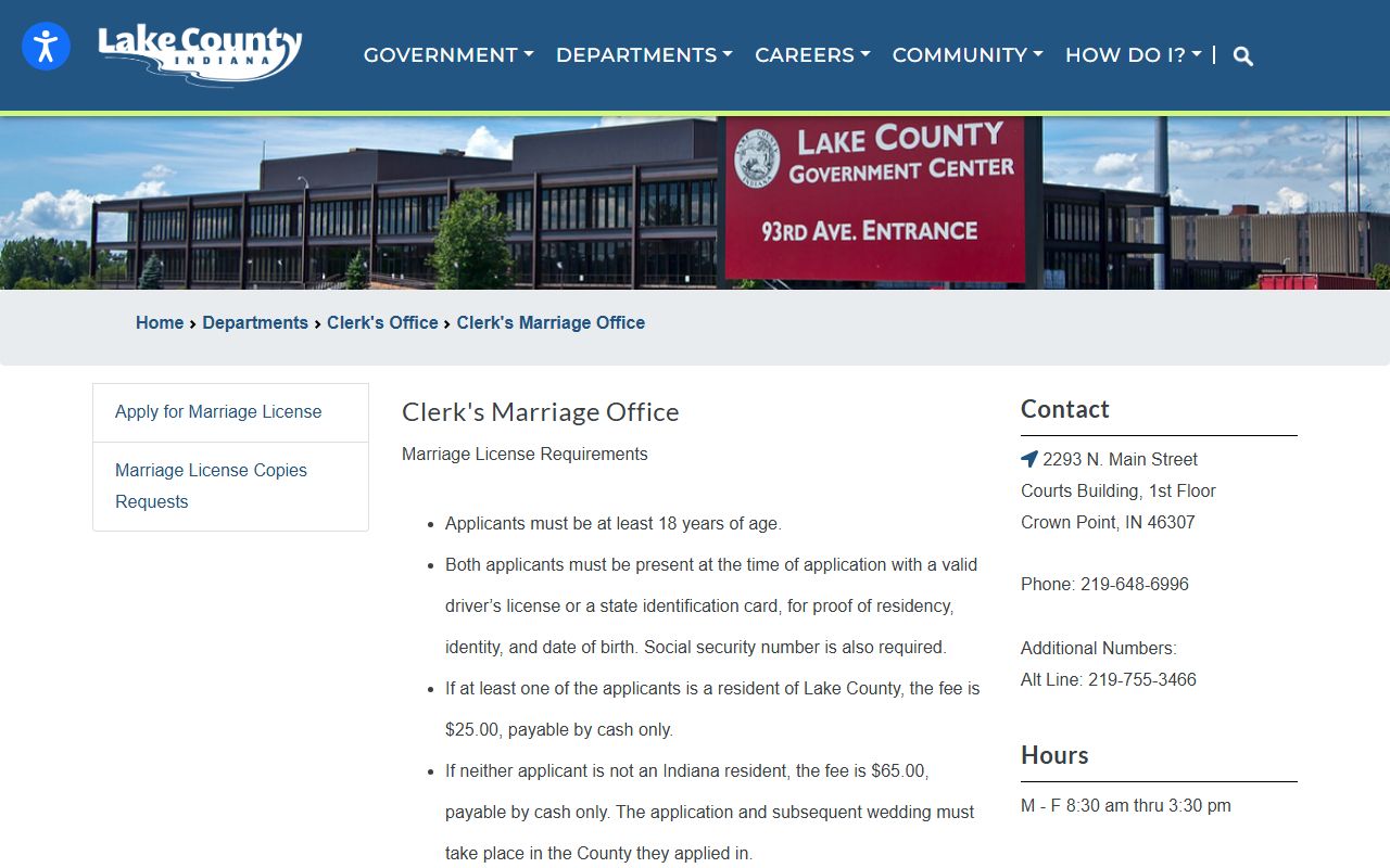 Lake County Indiana clerk marriage office website for marriage license applications