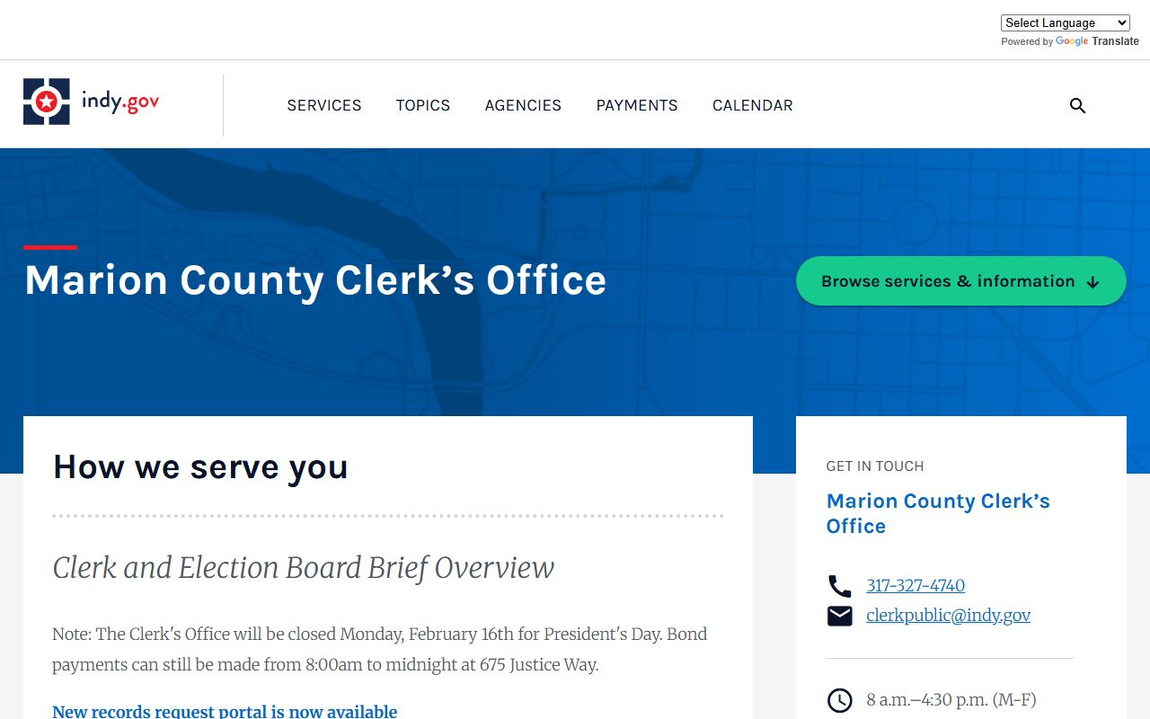 Marion County Clerk office website for marriage license applications in Indianapolis