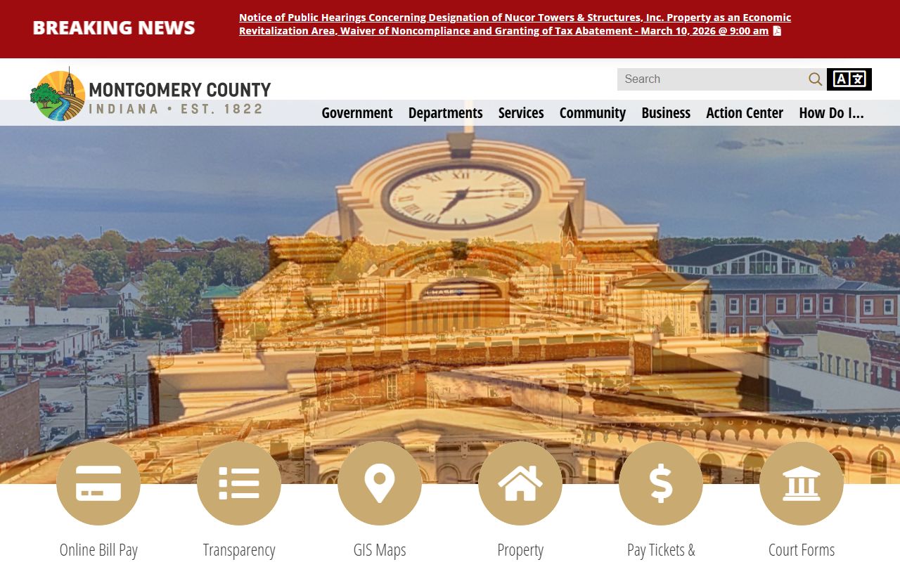 Montgomery County Clerk office website showing marriage license information for Crawfordsville Indiana