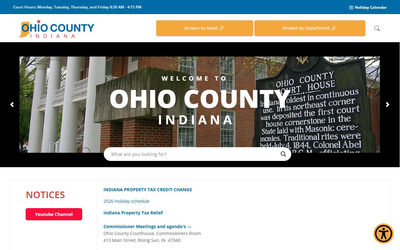 Ohio County Clerk office website showing marriage license information in Rising Sun Indiana