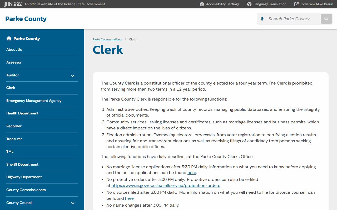 Parke County Clerk website showing marriage license information