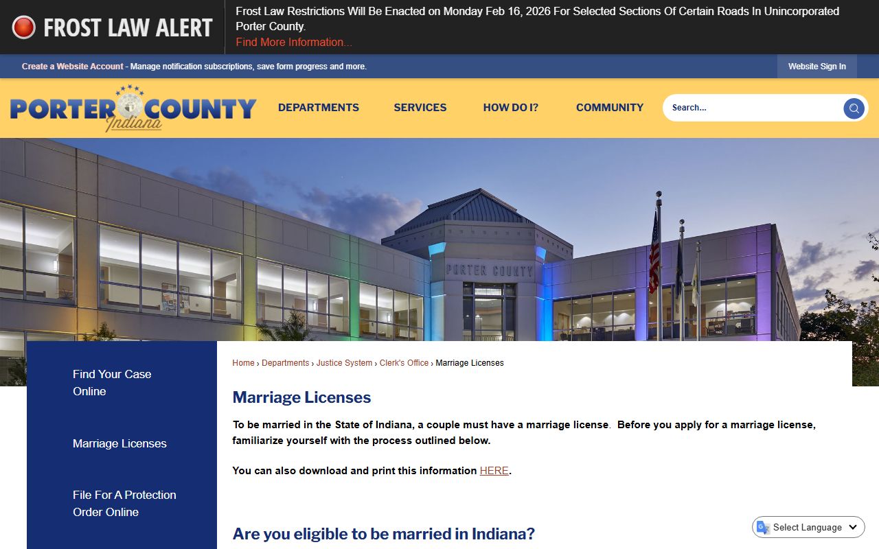 Porter County Clerk of Courts marriage license page