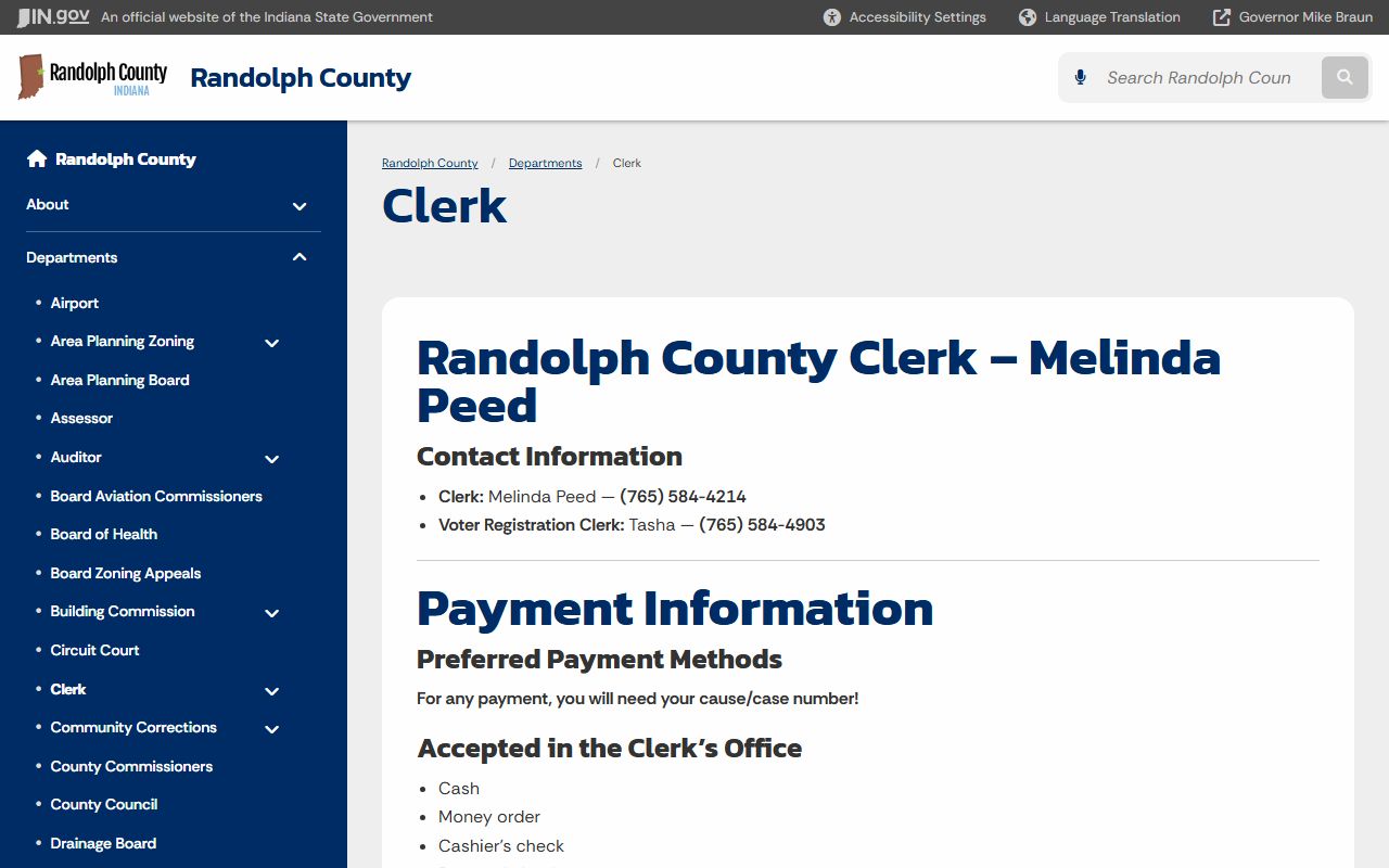 Randolph County Clerk marriage license information page