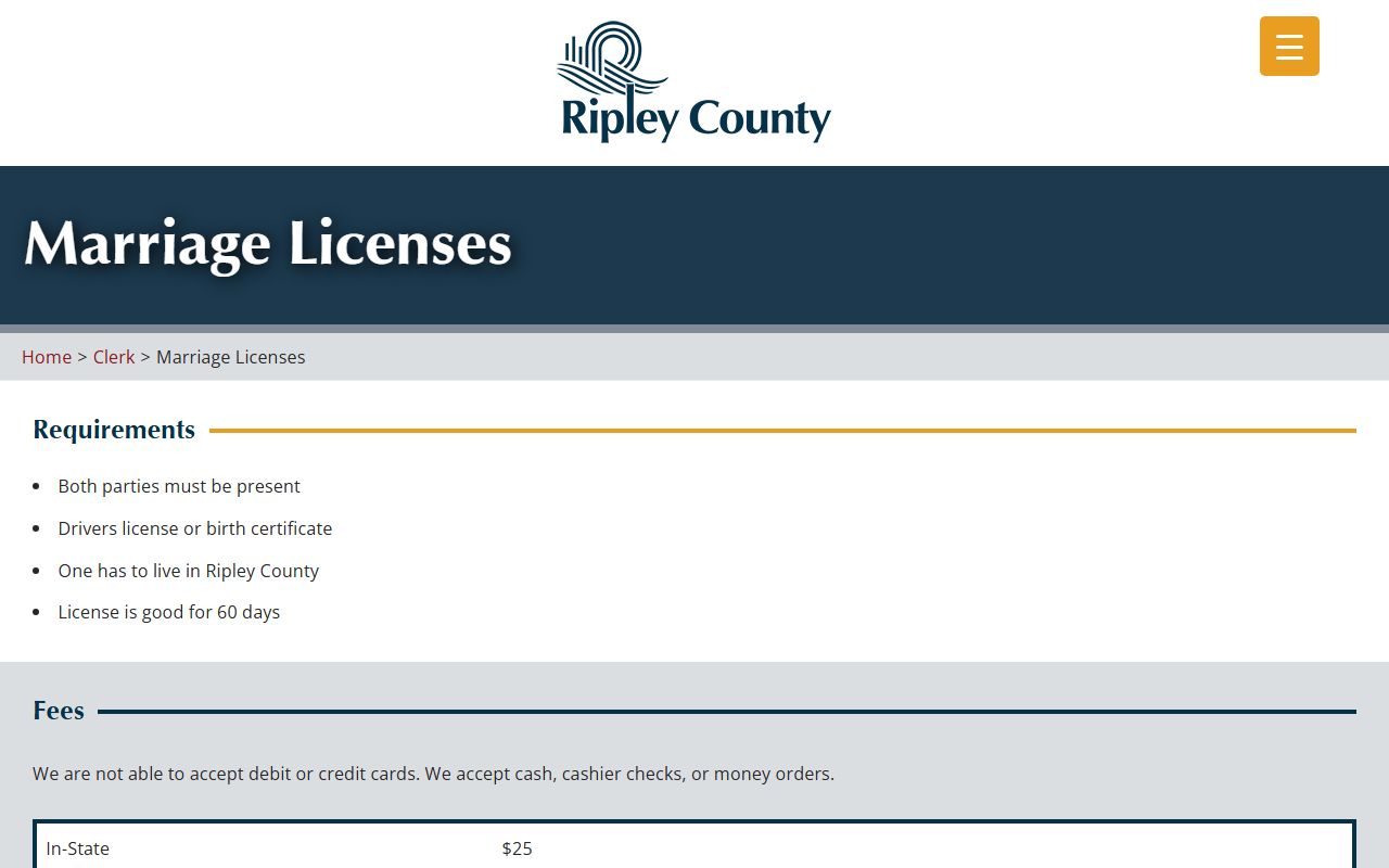 Ripley County Clerk marriage license page