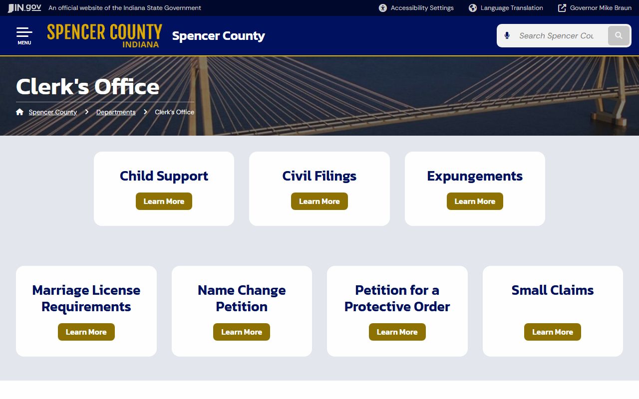 Spencer County Clerk page showing marriage license information