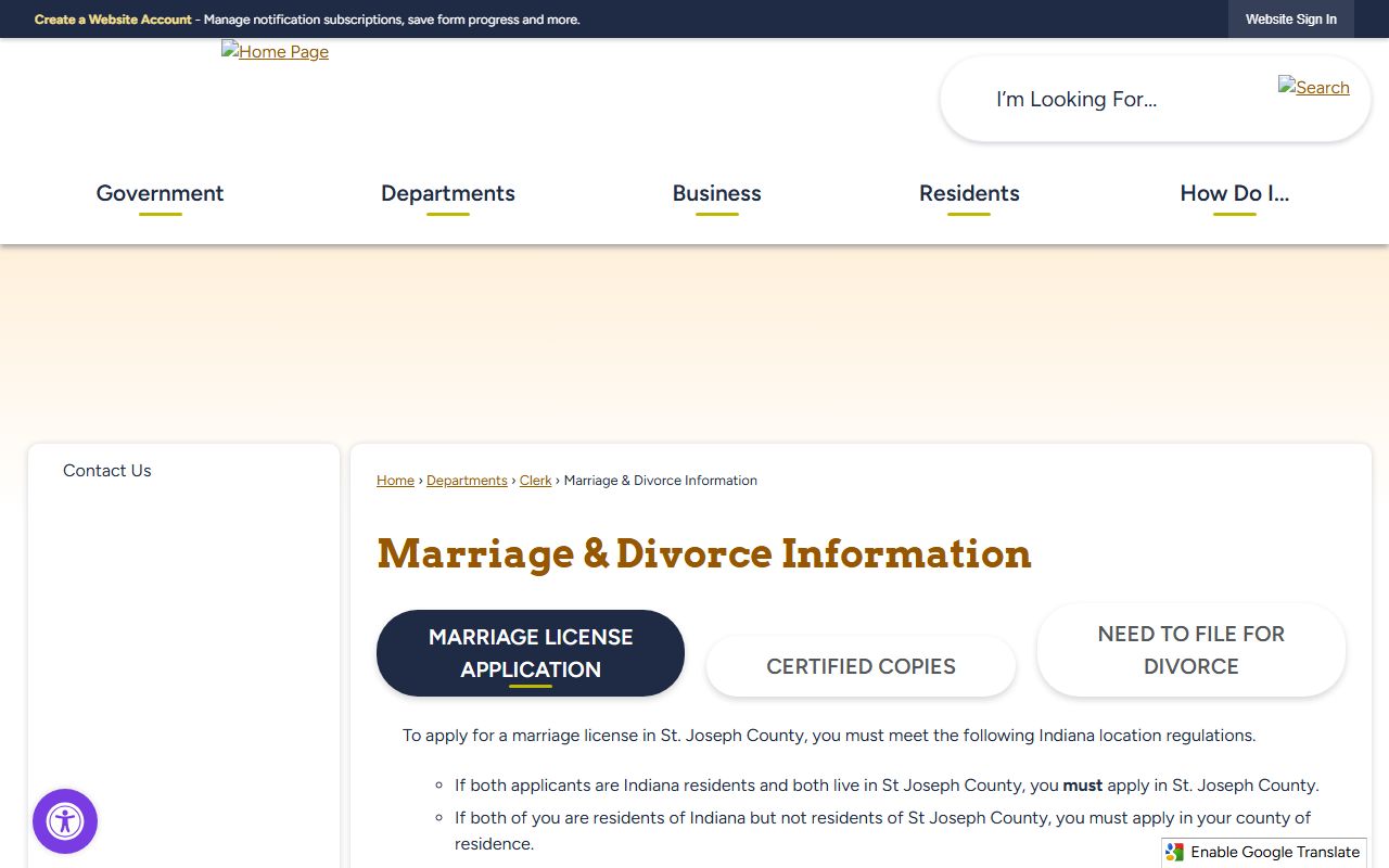 St. Joseph County Clerk marriage license page for South Bend residents