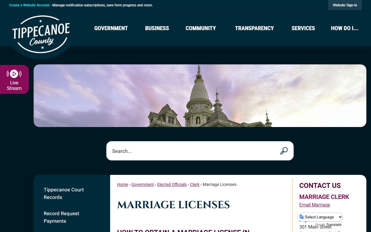 Tippecanoe County Clerk marriage license page for Tippecanoe County Indiana