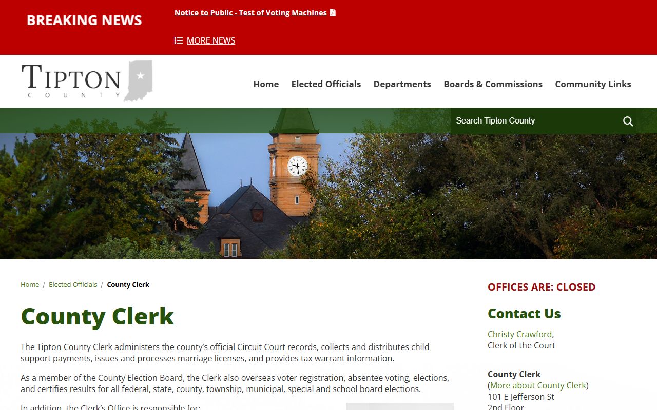 Tipton County Clerk office page for marriage license applications in Tipton County Indiana