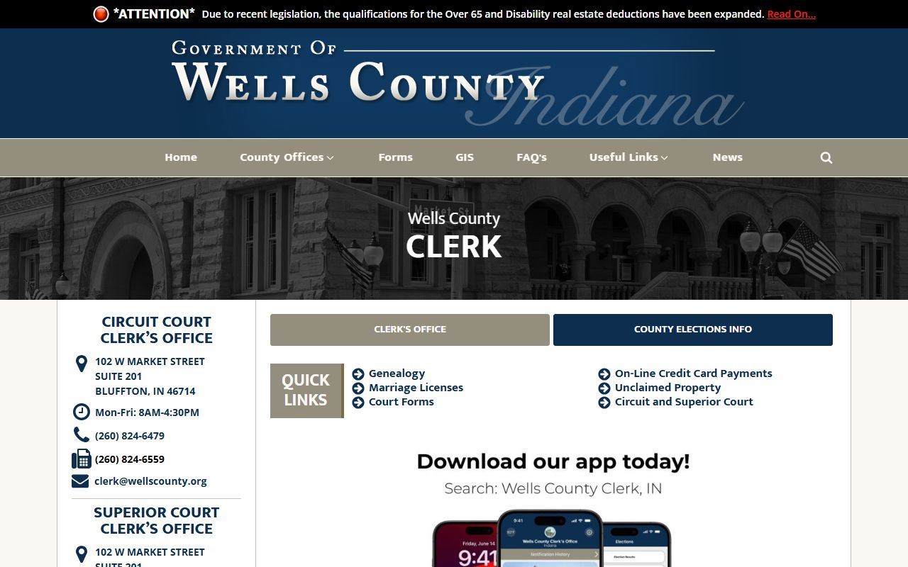 Wells County Clerk of Circuit Courts in Bluffton Indiana for marriage license records