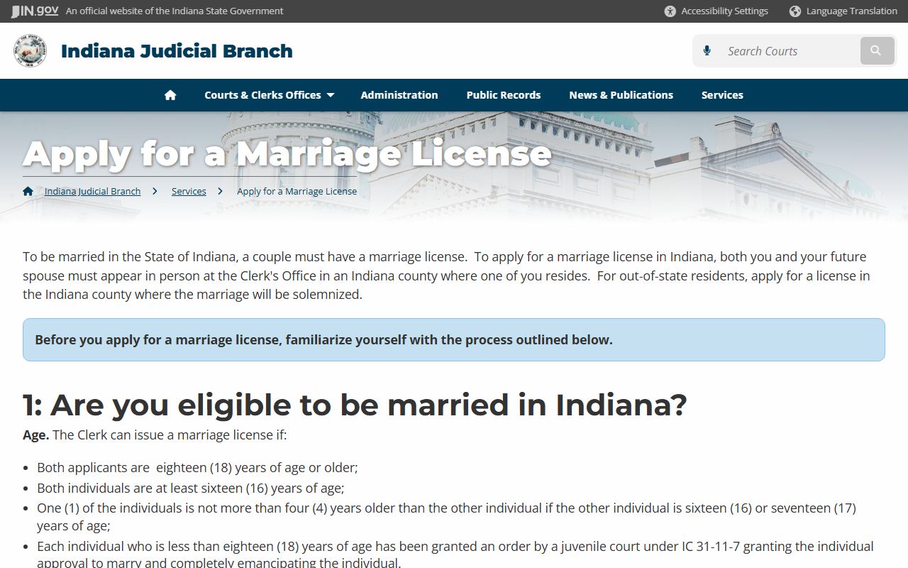 Indiana Courts marriage license application information page showing requirements and process