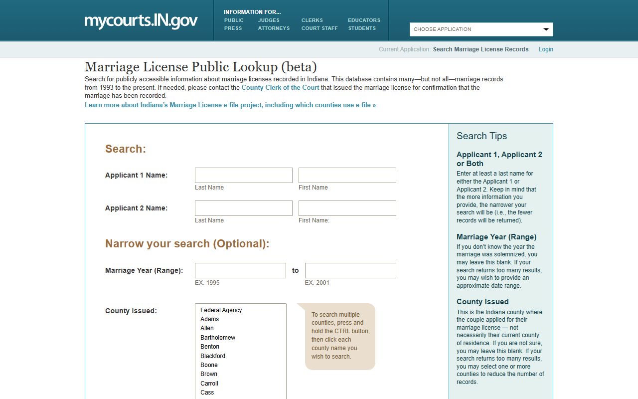 Indiana Courts Marriage License Public Lookup online search database portal