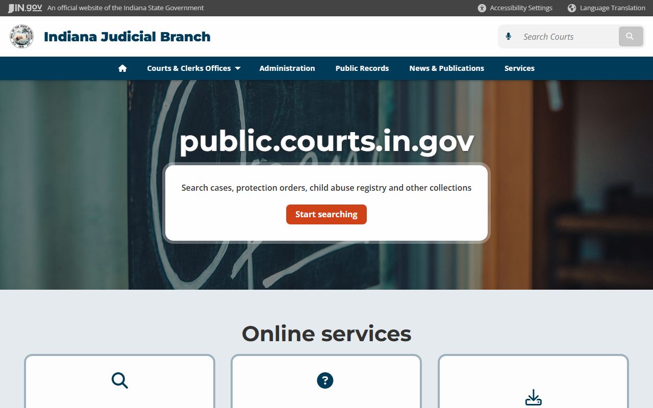 Indiana Courts Public Records Portal showing marriage and divorce record access information