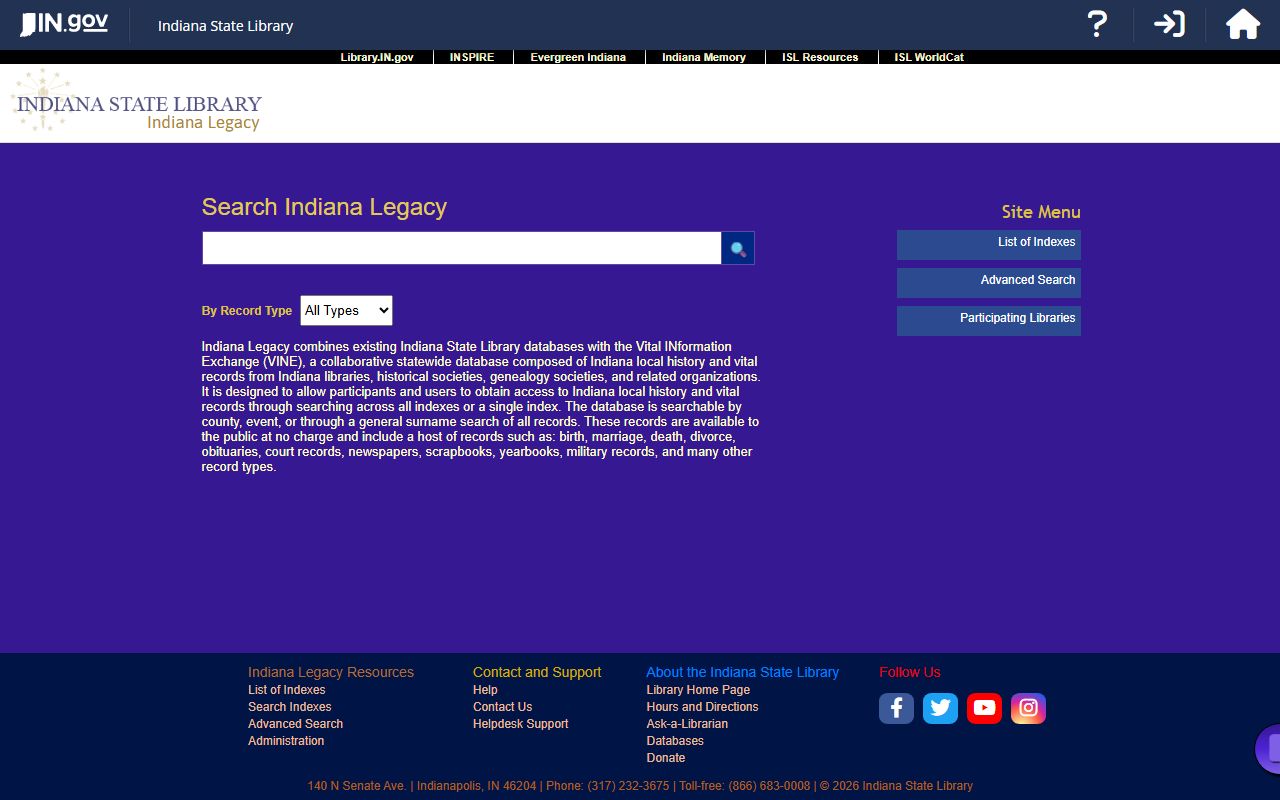 Indiana State Library digital genealogy database for historical marriage records