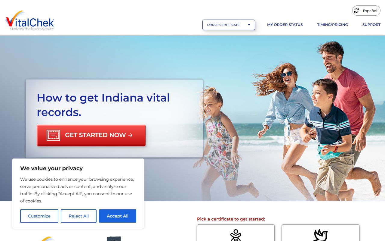 VitalChek authorized Indiana vital records ordering partner website